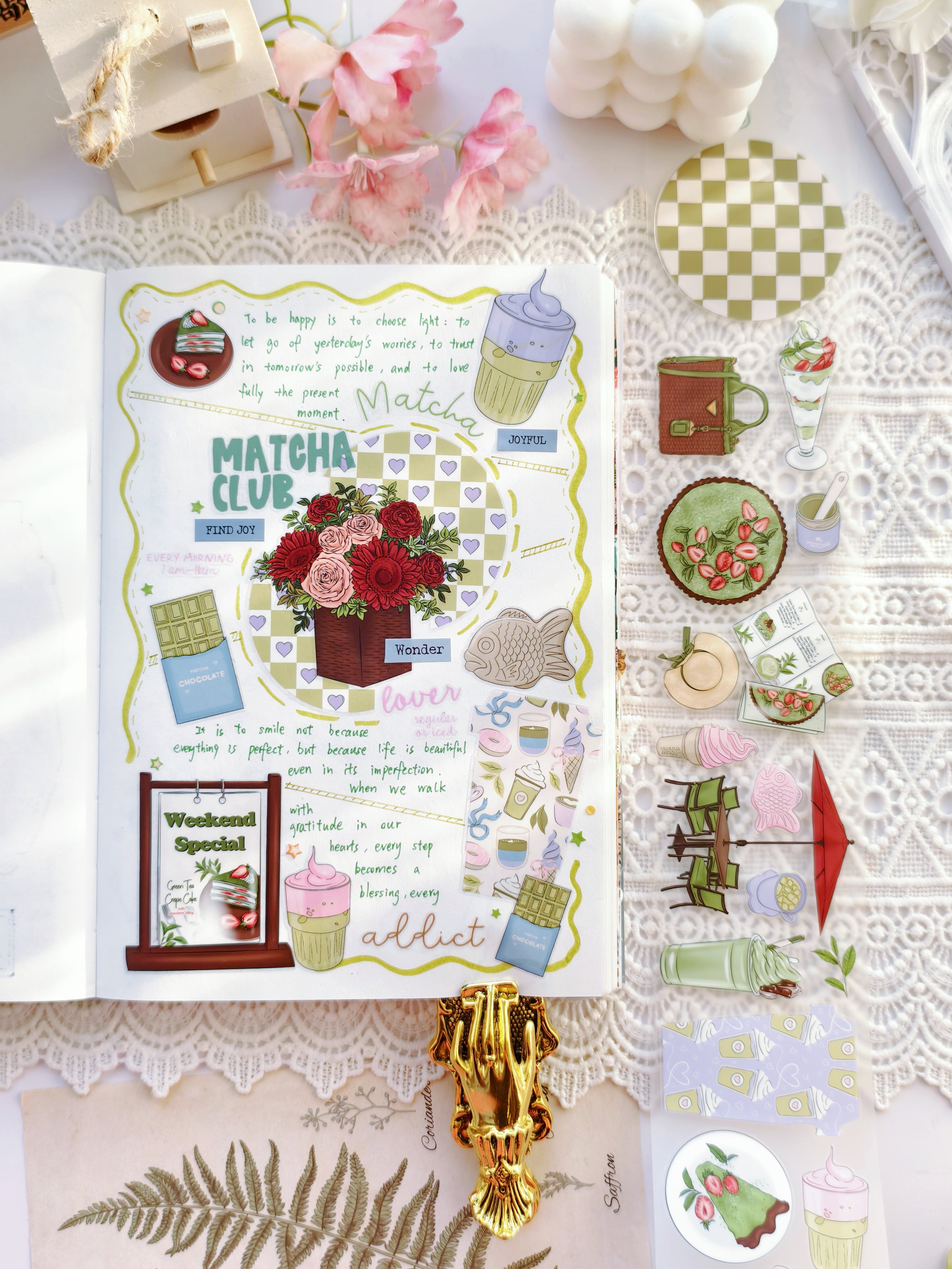 Green aesthetic journaling tape with matcha and cozy elements