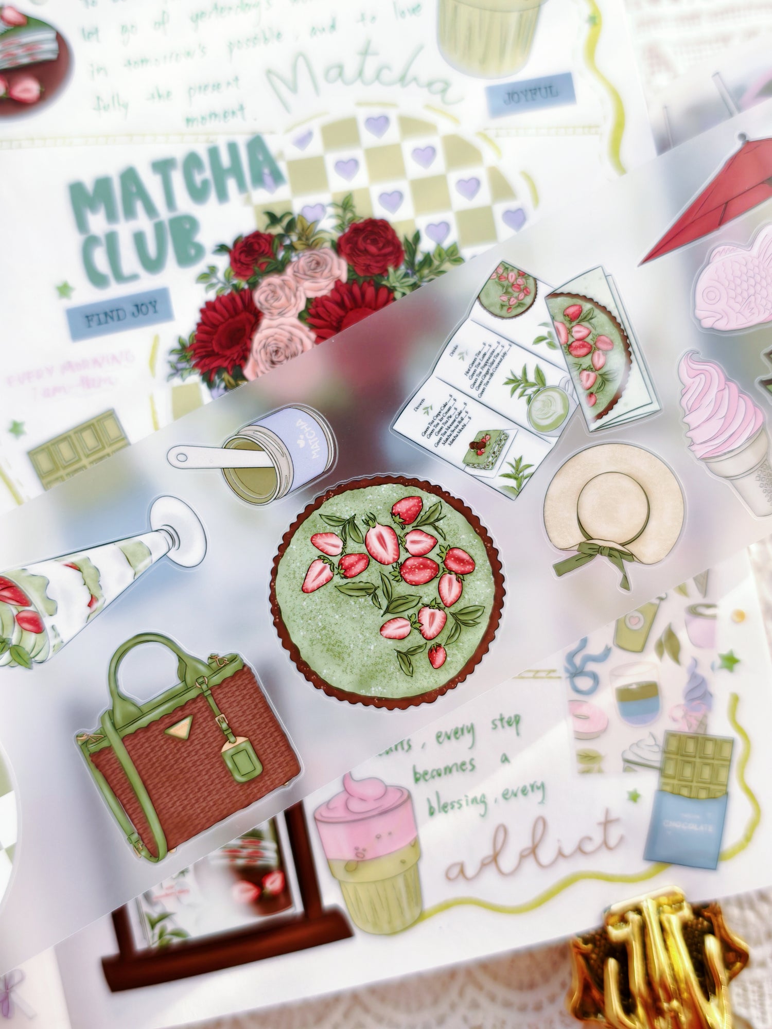 Matcha themed pre-cut PET tape with cute café drinks and desserts