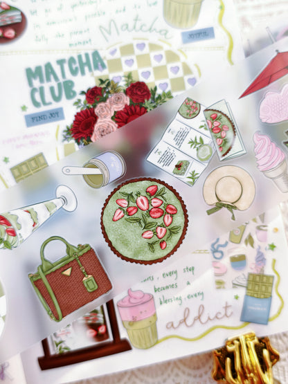 Matcha themed pre-cut PET tape with cute café drinks and desserts