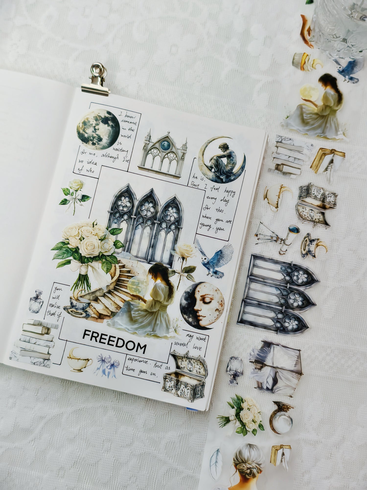 Pre-cut PET tape featuring white roses and ethereal lunar designs