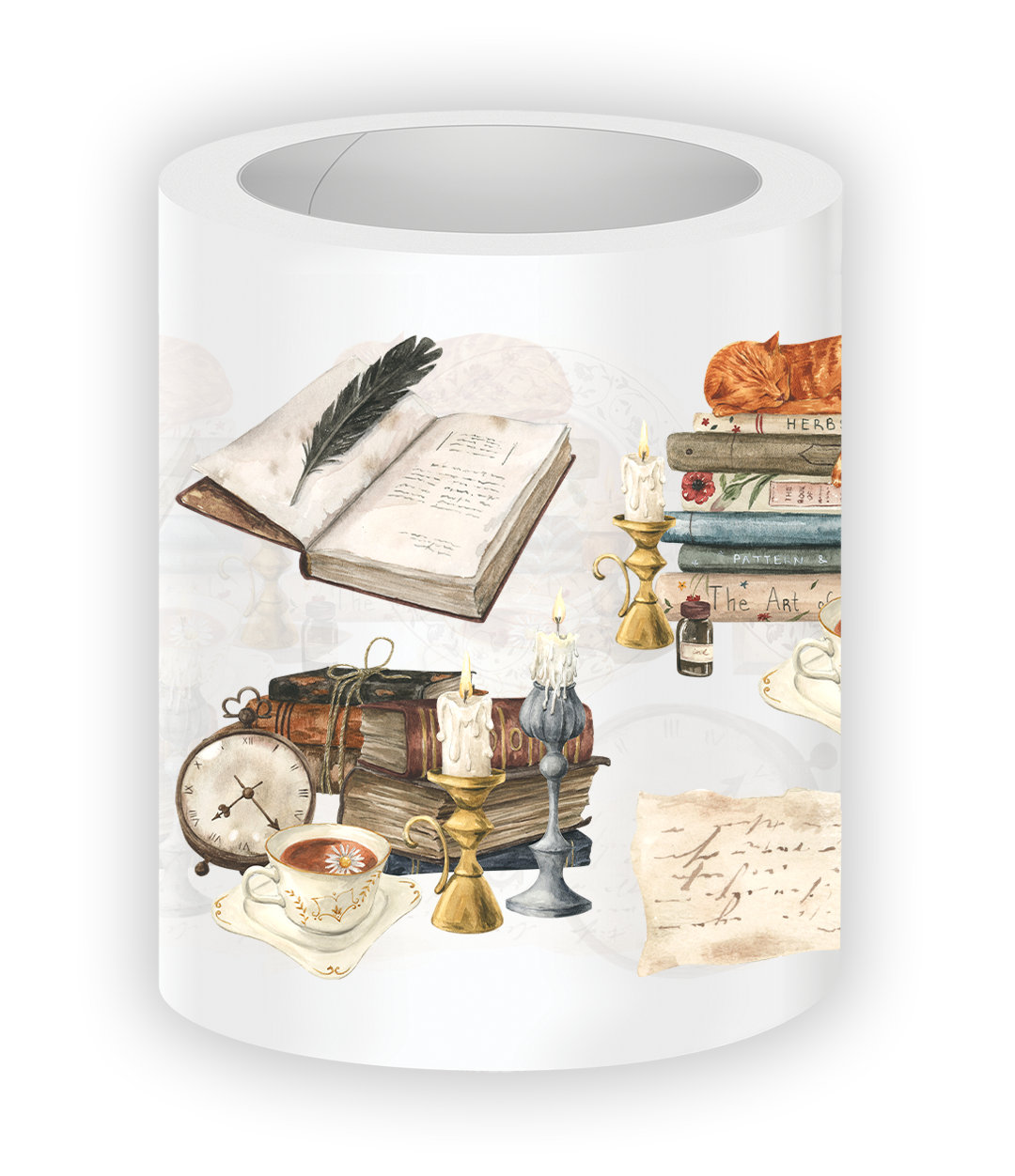 Close-up of Magic Library PET Tape showing stacked books, candles, tea cups, handwritten notes, open books, and cozy vintage literary illustrations in warm neutral tones.