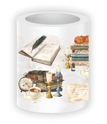 Close-up of Magic Library PET Tape showing stacked books, candles, tea cups, handwritten notes, open books, and cozy vintage literary illustrations in warm neutral tones.