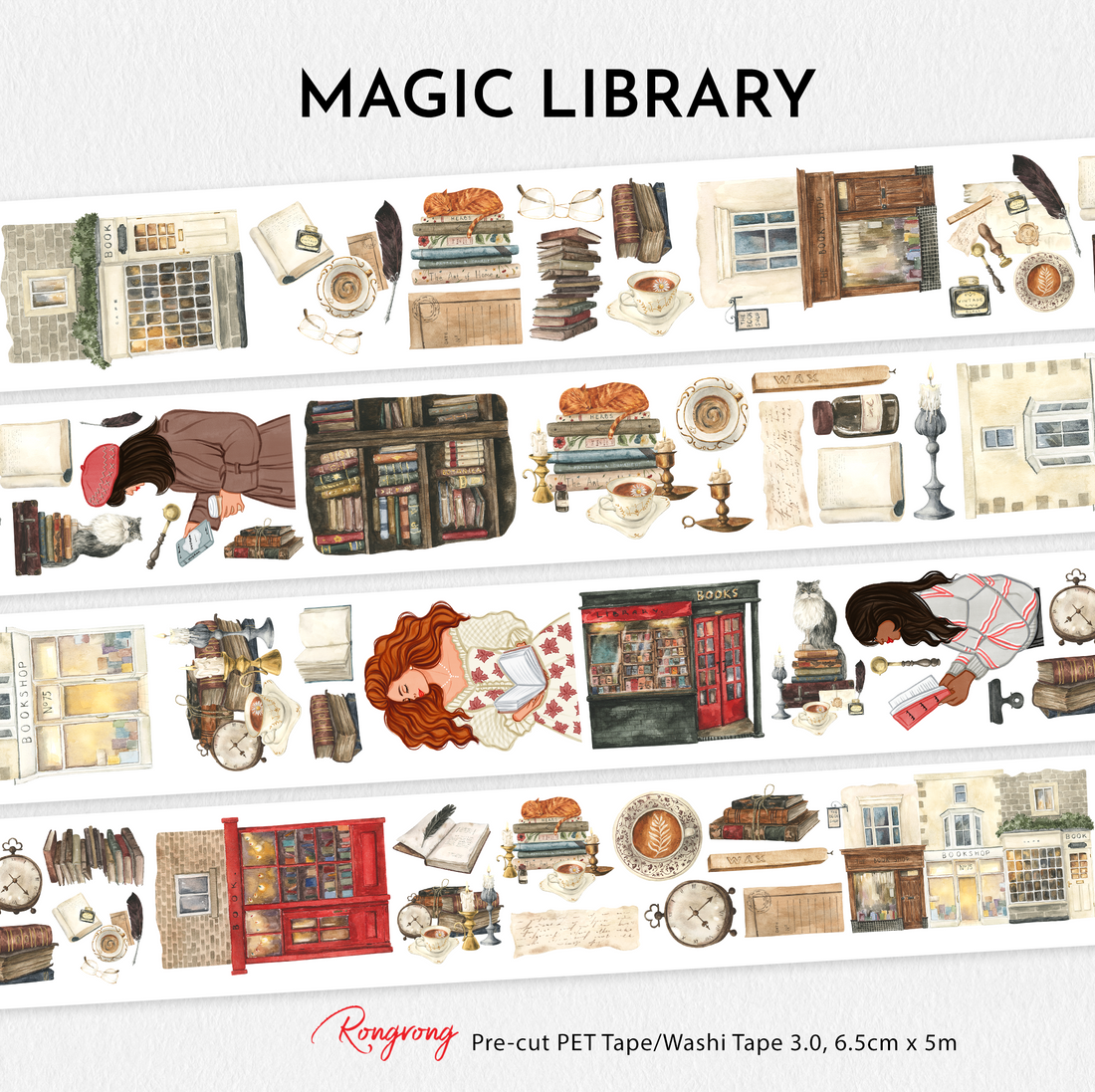 Full preview of Magic Library Pre-cut PET Tape featuring vintage bookstores, antique books, candles, tea cups, handwritten letters, cozy readers, and magical library-inspired illustrations.