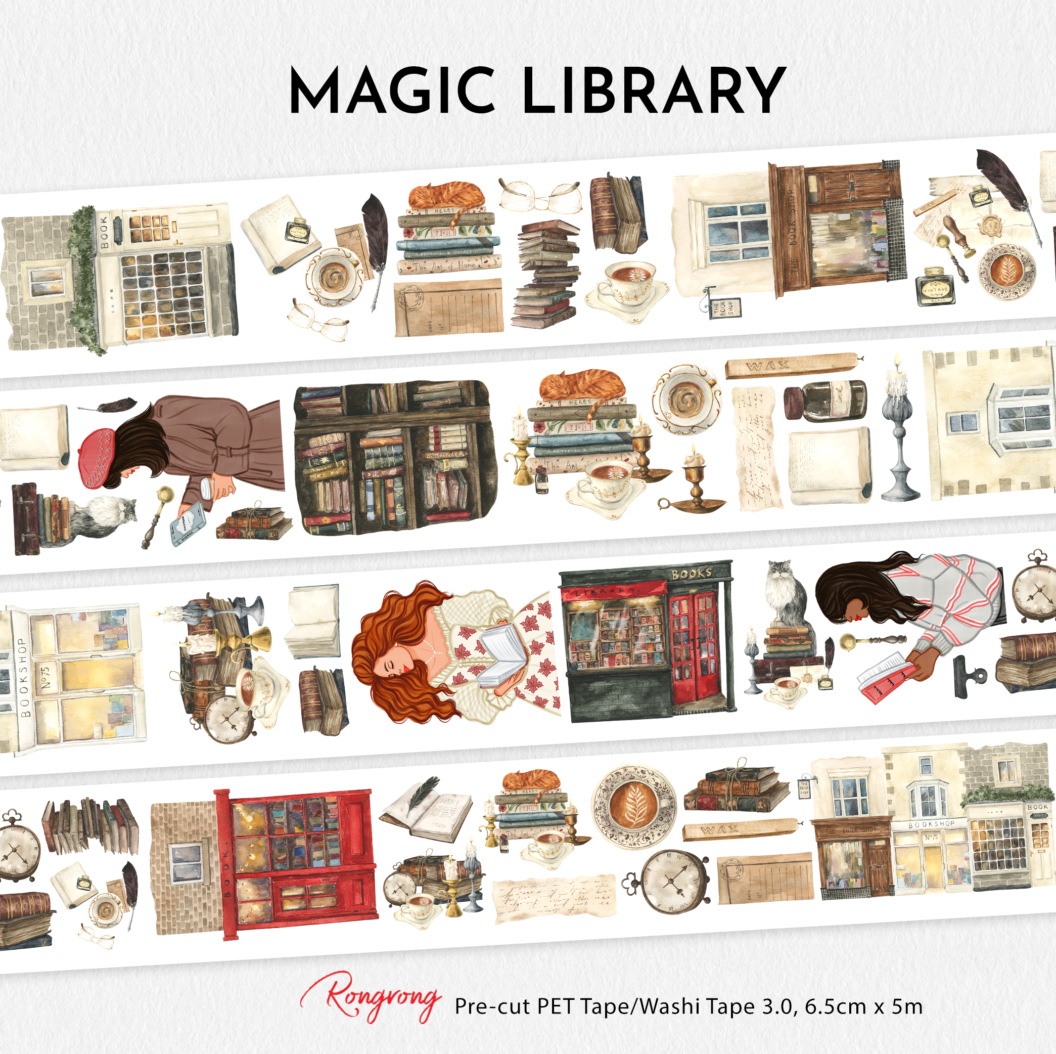 Full preview of Magic Library Pre-cut PET Tape featuring vintage bookstores, antique books, candles, tea cups, handwritten letters, cozy readers, and magical library-inspired illustrations.