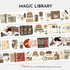 Full preview of Magic Library Pre-cut PET Tape featuring vintage bookstores, antique books, candles, tea cups, handwritten letters, cozy readers, and magical library-inspired illustrations.