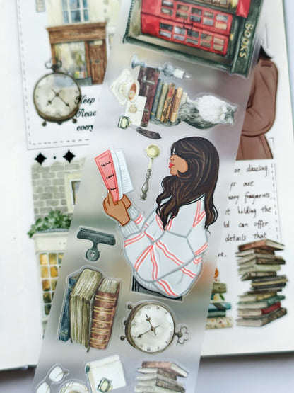 Transparent PET sticker sheet featuring a fashionable reader, vintage books, clocks, library accessories, teacups, and charming bookstore-themed artwork designed for bookish journaling projects.