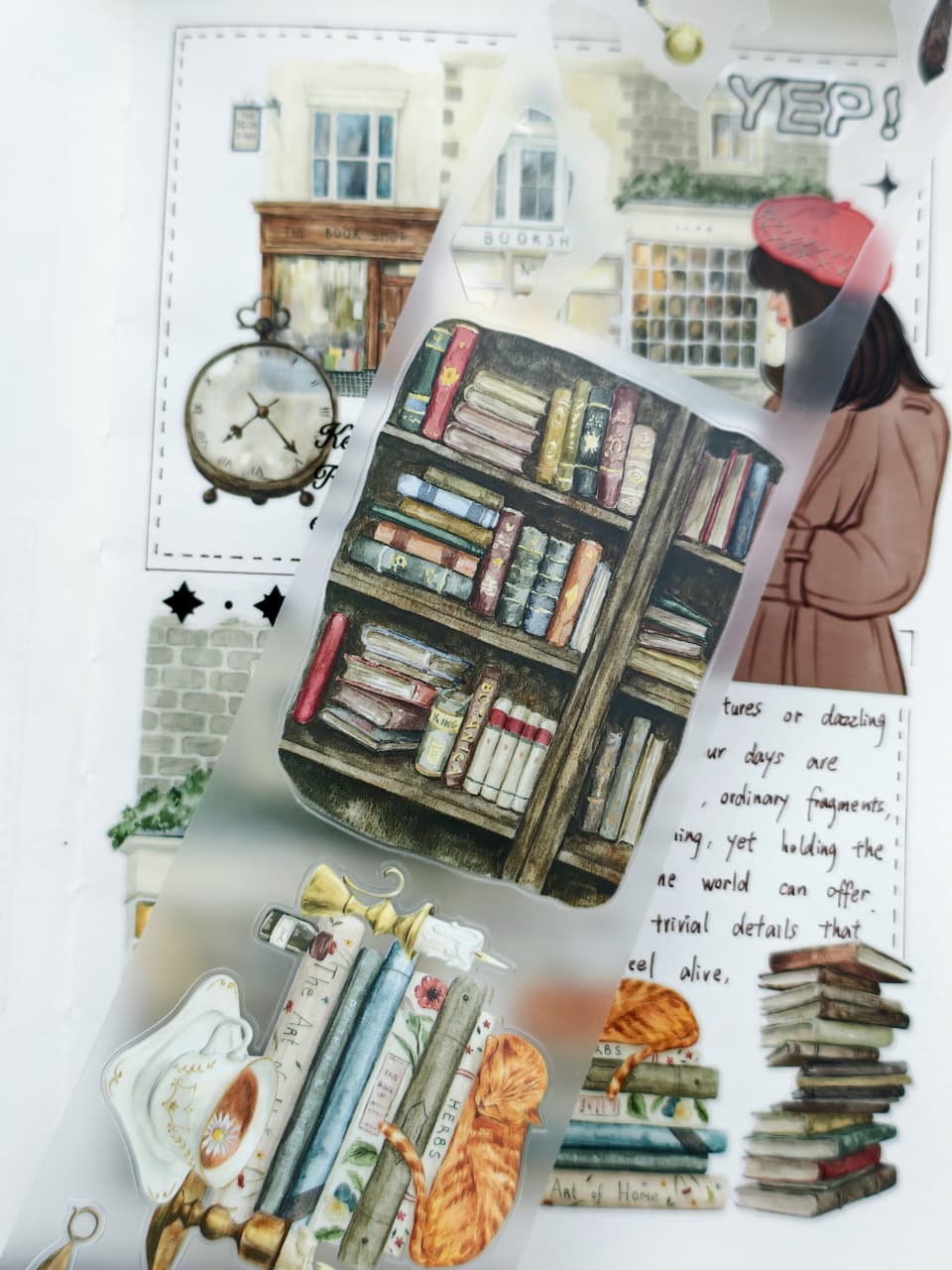 Close-up of transparent pre-cut PET stickers featuring antique bookshelves, stacked books, bookends, candles, and vintage library decor from the Magic Library collection.