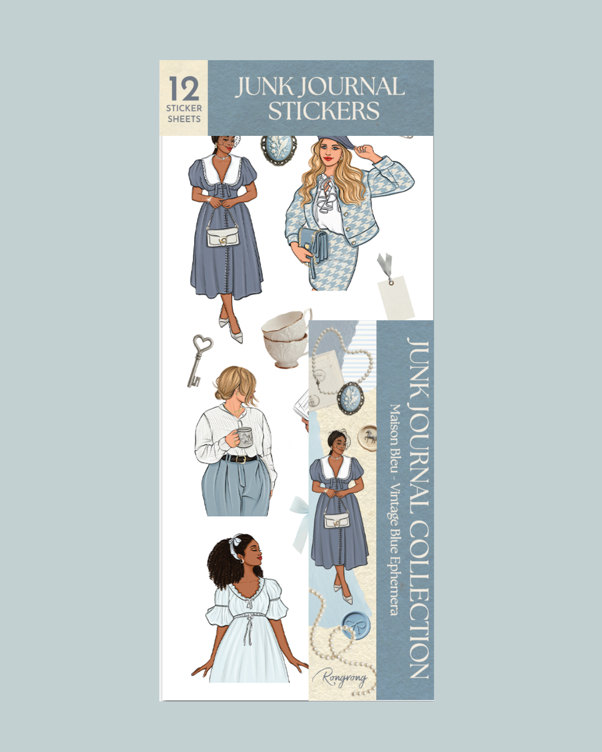 Maison Bleu Vintage Blue Ephemera Sticker Sheet Set featuring elegant fashion illustrations in soft blue and cream tones, vintage-inspired dresses, pearl accents, cameo jewelry, teacups, bows, keys, and classic ephemera elements for planners, scrapbooks, junk journals, and memory keeping.