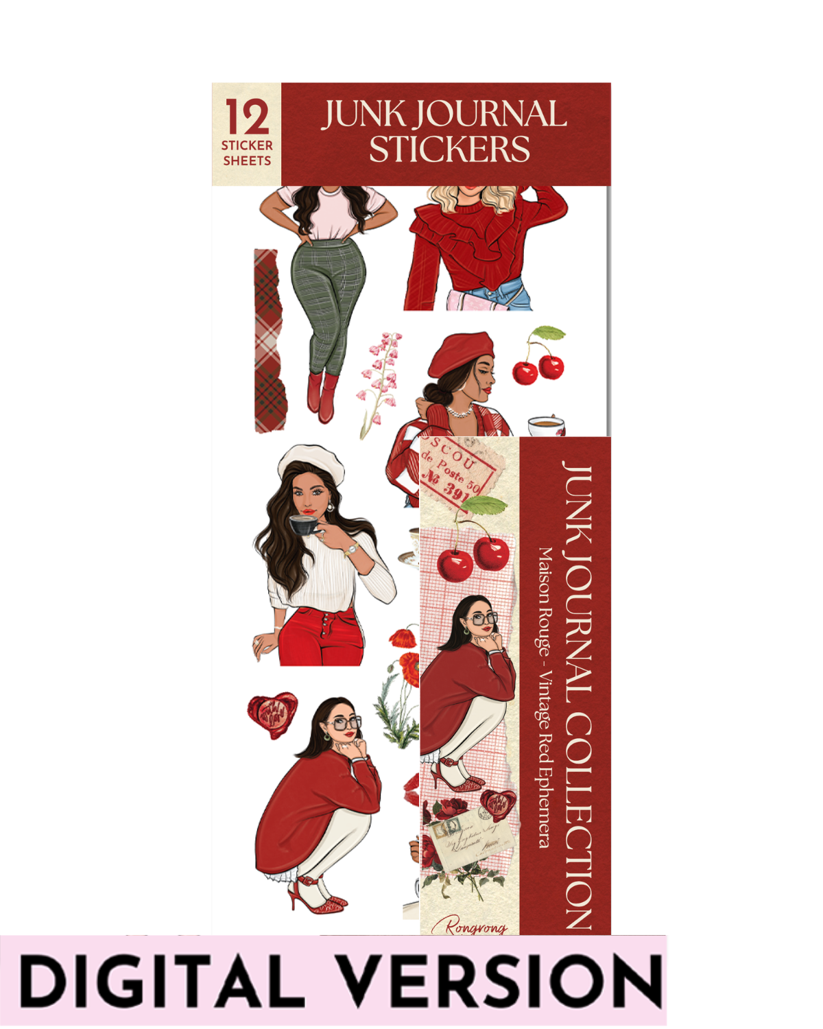 Maison Rouge Vintage Red Ephemera Sticker Sheet Set featuring chic fashion illustrations, Parisian-inspired style, red berets, coffee cups, cherries, roses, vintage postcards, plaid patterns, romantic red accents, and elegant journaling stickers for planners, scrapbooks, and junk journals.