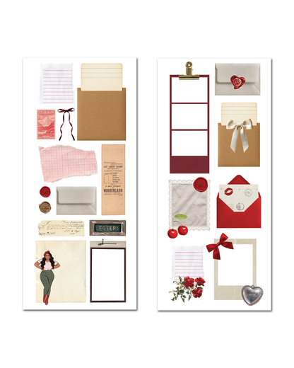 romantic vintage red ephemera stickers with florals and frames
