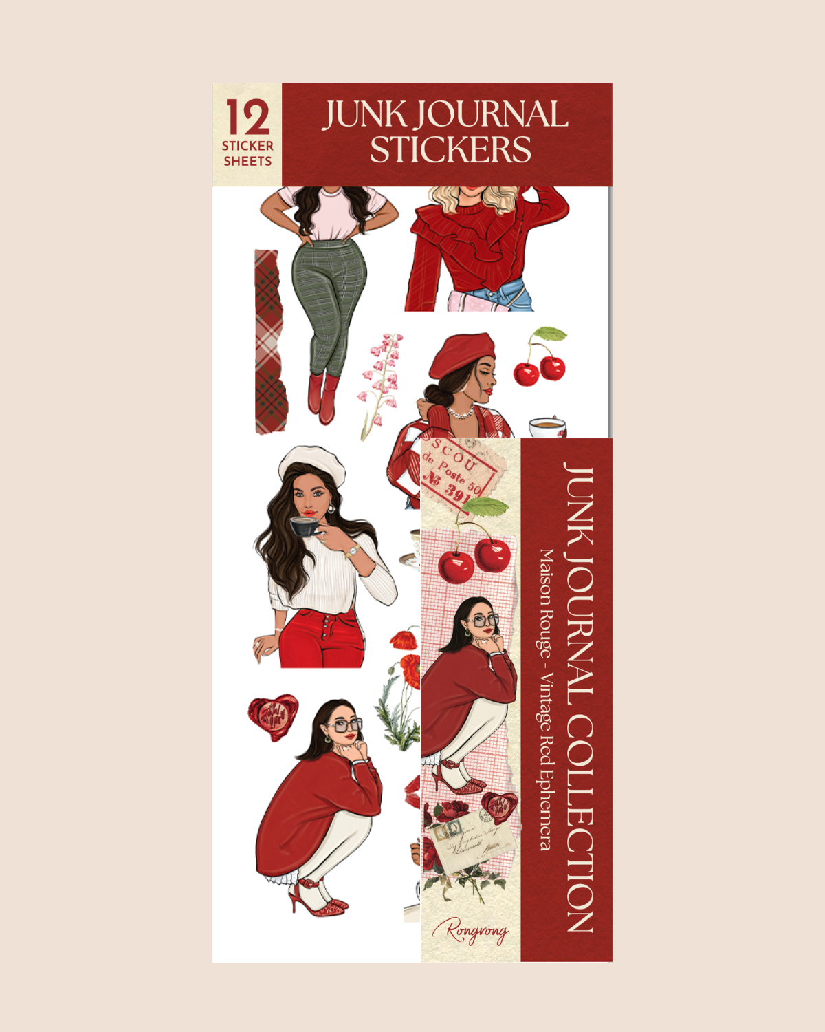 Maison Rouge Vintage Red Ephemera Sticker Sheet Set featuring chic fashion illustrations, Parisian-inspired style, red berets, coffee cups, cherries, roses, vintage postcards, plaid patterns, romantic red accents, and elegant journaling stickers for planners, scrapbooks, and junk journals.