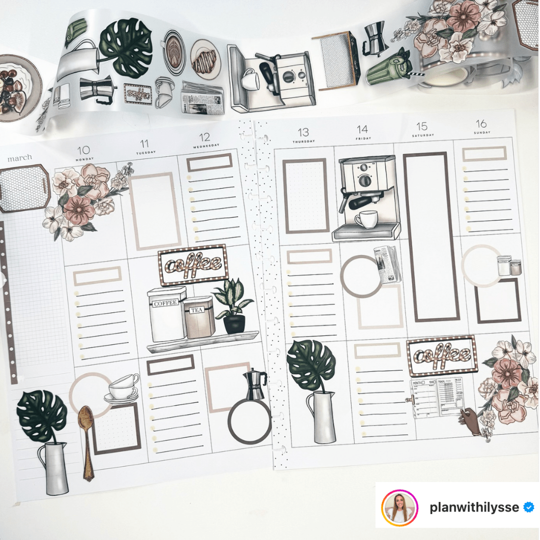 Coffee bar journal spread with planner stickers