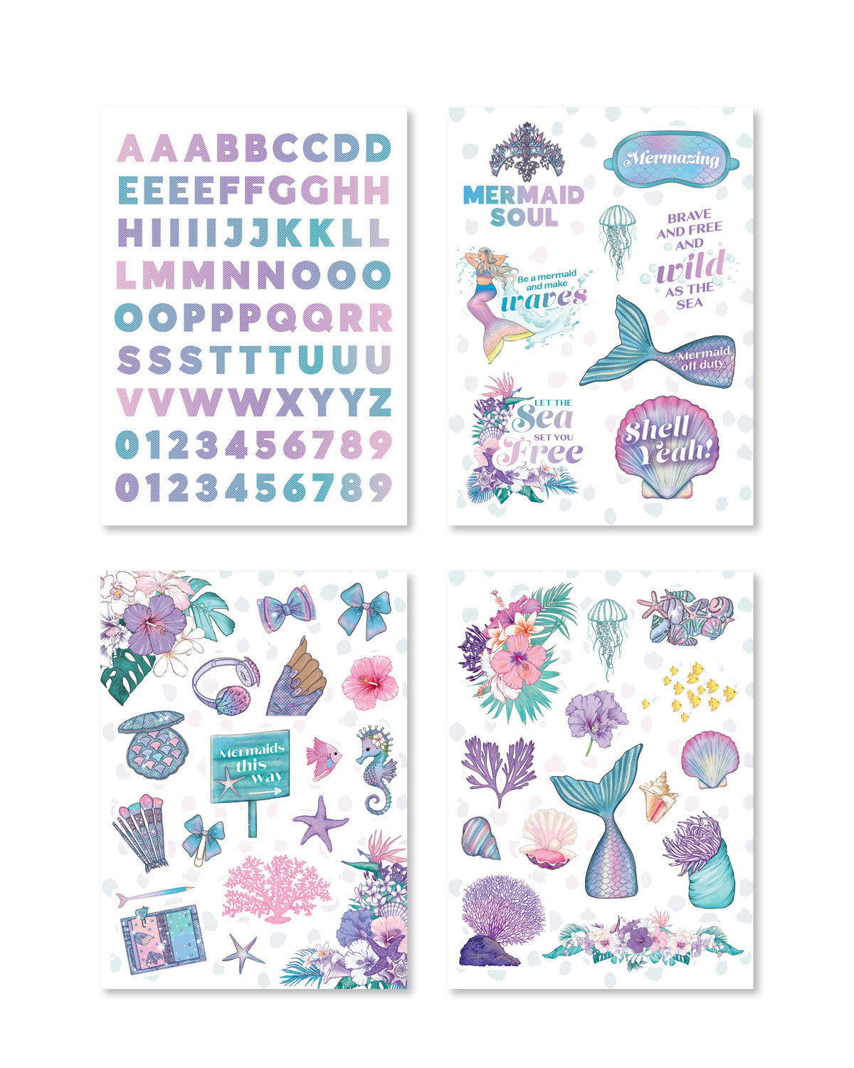 Functional stickers for planners, including letters and icons adorned with mermaid tails and aquatic motifs.