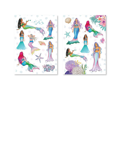 Stickers featuring holographic mermaids in different poses, accented by sparkling seashells and starfish.