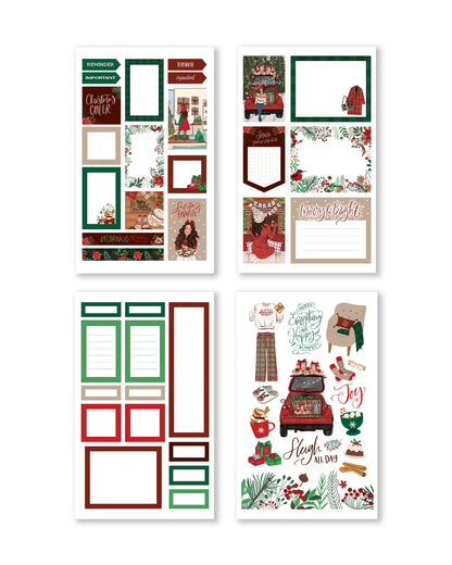 Close-up of decorative stickers with festive phrases and illustrations, highlighted in rich reds and greens with playful patterns.