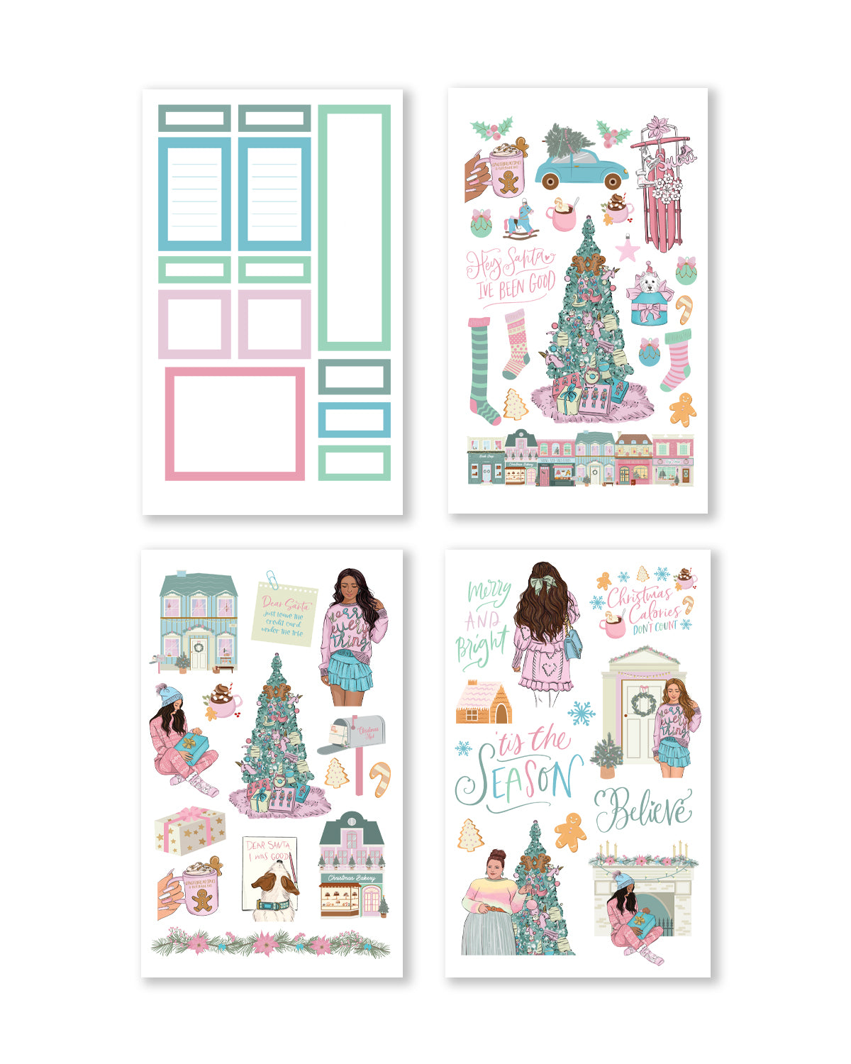 Charming stickers depicting cozy winter scenes and cheerful motifs, perfect for adding holiday flair to planners and journals.