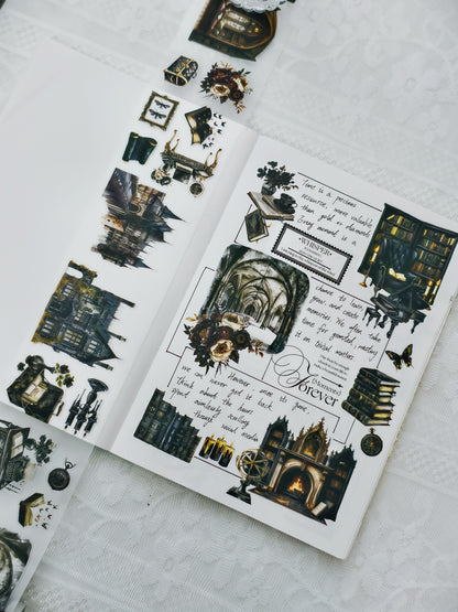 Pre-cut PET tape featuring vintage books, candles, and celestial motifs
