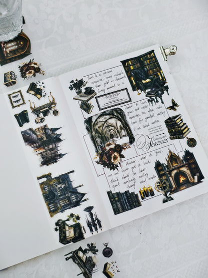 Midnight-themed journaling PET tape with moody dark academia details