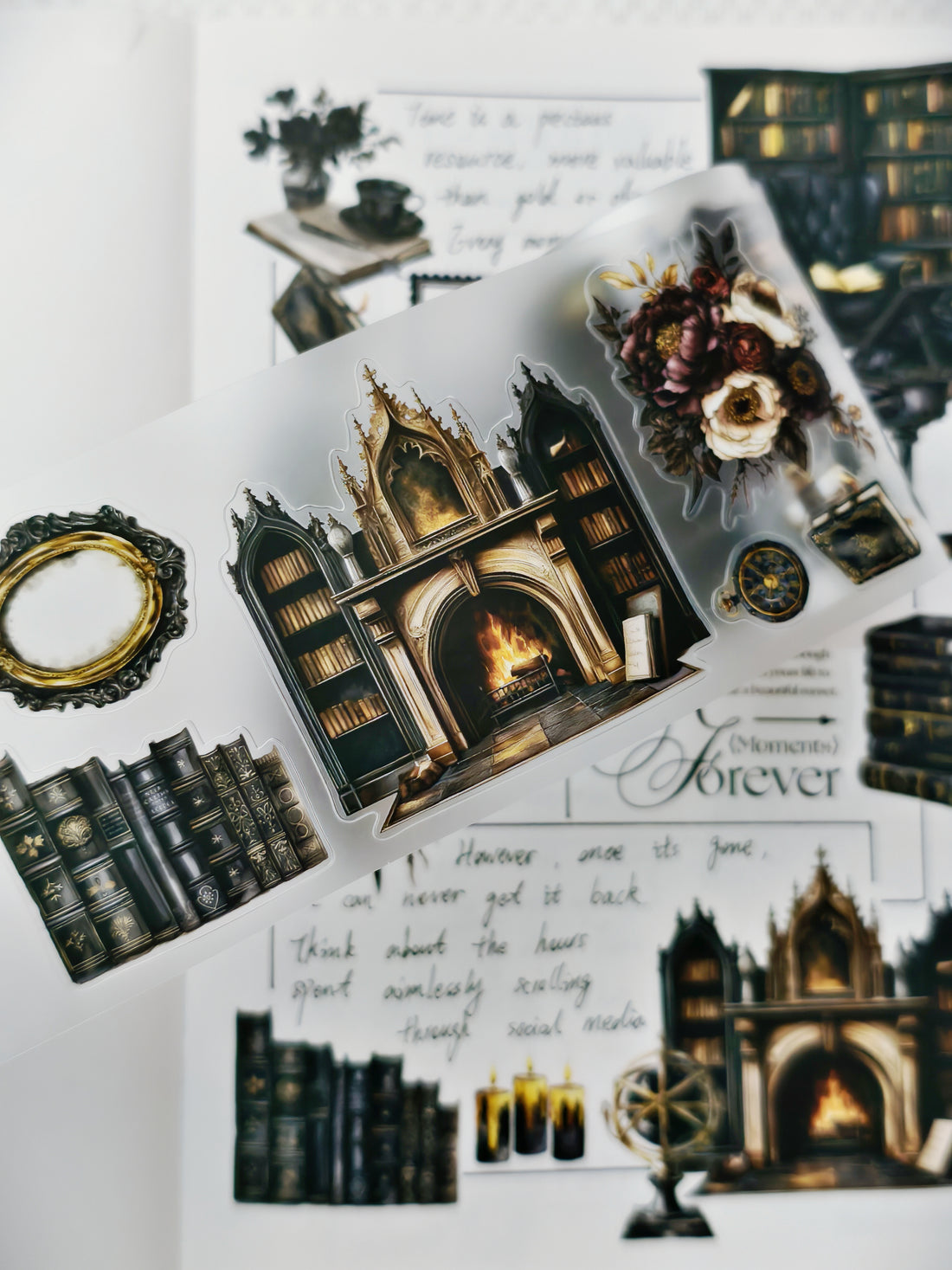 Flatlay of Midnight Pages PET tape with books, lanterns, and mystical vibes
