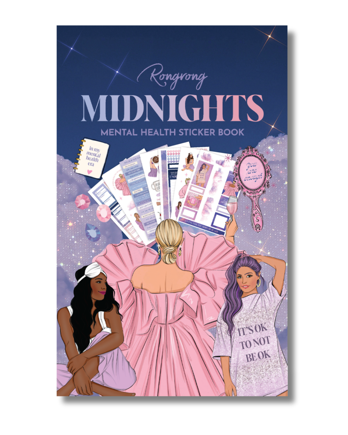 Midnight Sticker Book cover featuring calming dark tones with mental health themes and inspirational designs.
