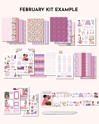 Collection of February-themed planner stickers with a pen on a white background