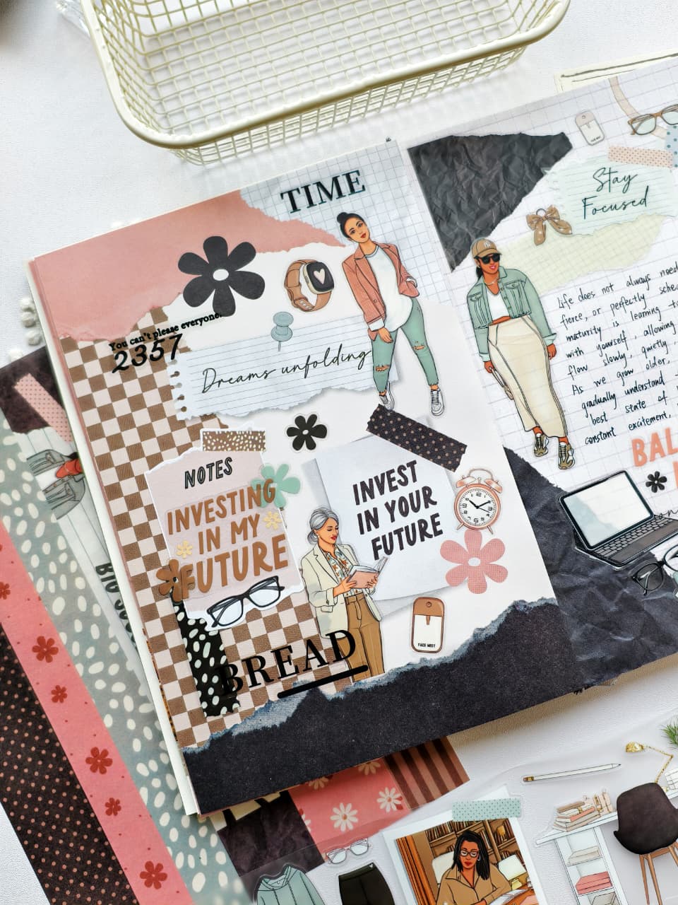 Inspirational planner spread decorated with My Comeback Era stickers featuring confident women, office essentials, motivational phrases like "Invest in Your Future" and "Balancing It All," layered with modern scrapbook elements.