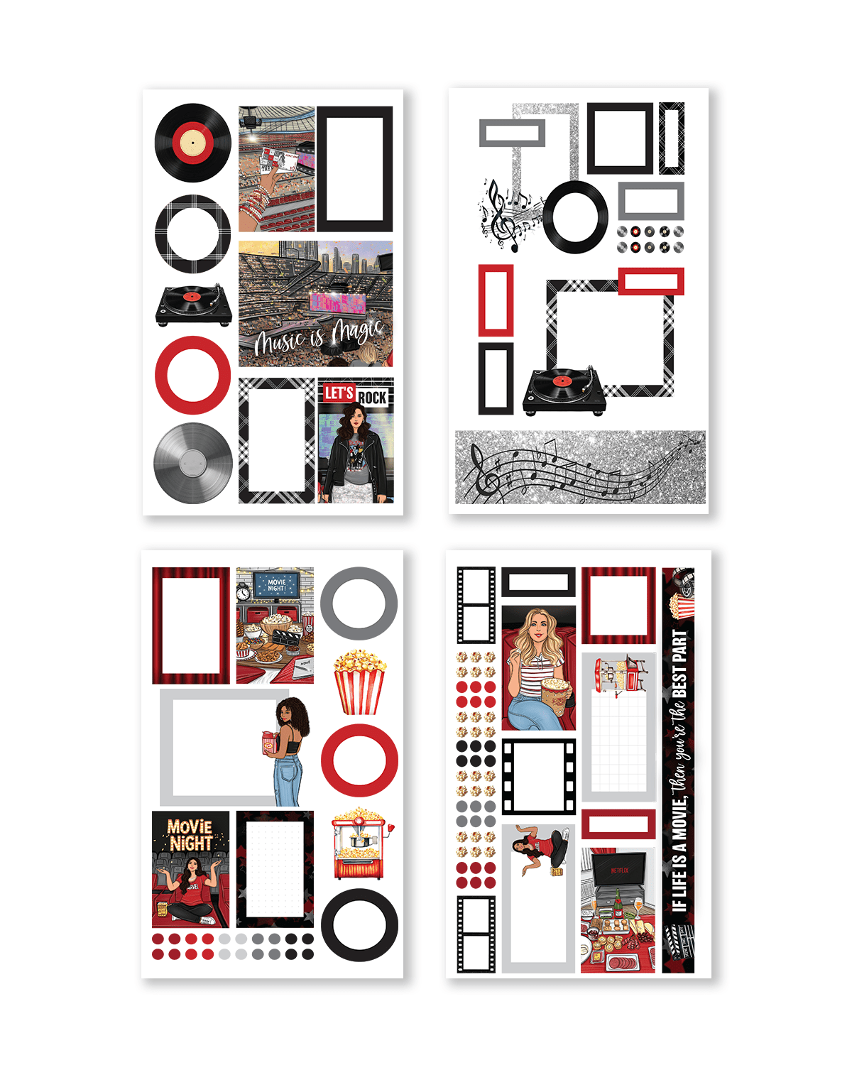 Collection of decorative frames and movie-themed elements on a white background