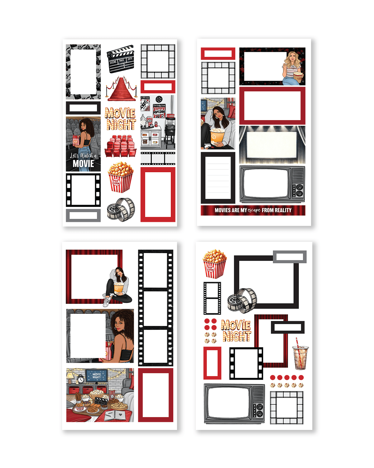 Set of decorative photo frames with movie-themed designs on a white background