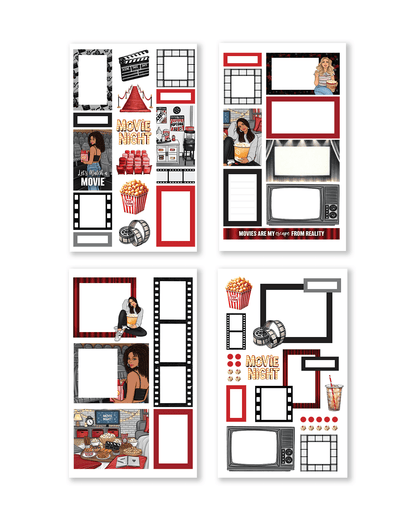 Set of decorative photo frames with movie-themed designs on a white background