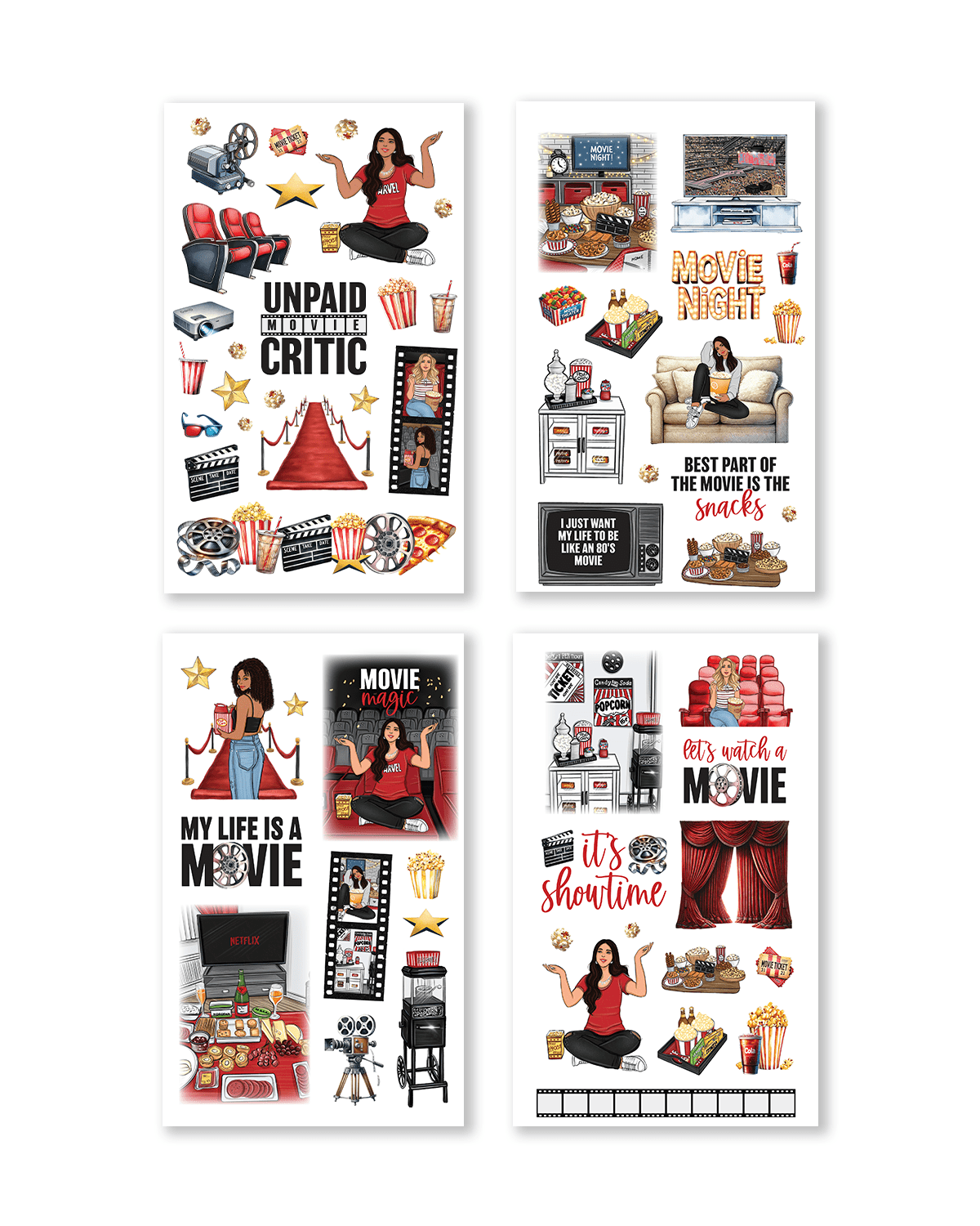 Set of movie-themed wall stickers with various designs on a white background