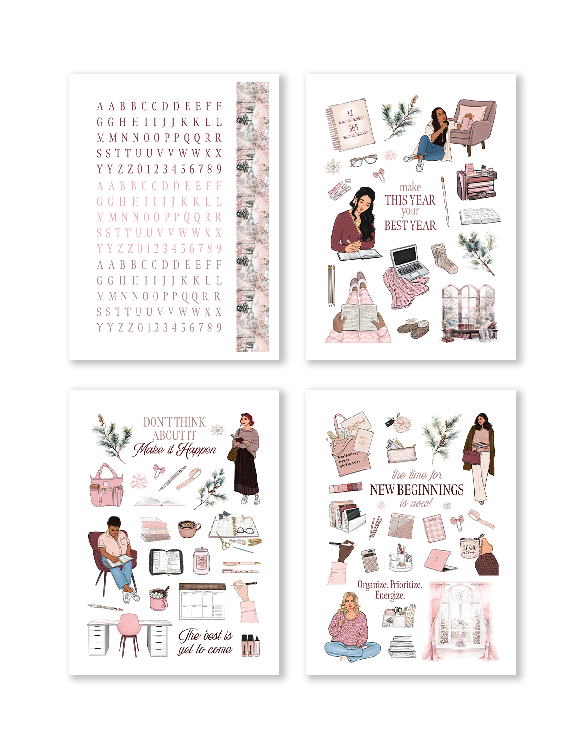 Hand-illustrated planner stickers for New Year planning and goal setting