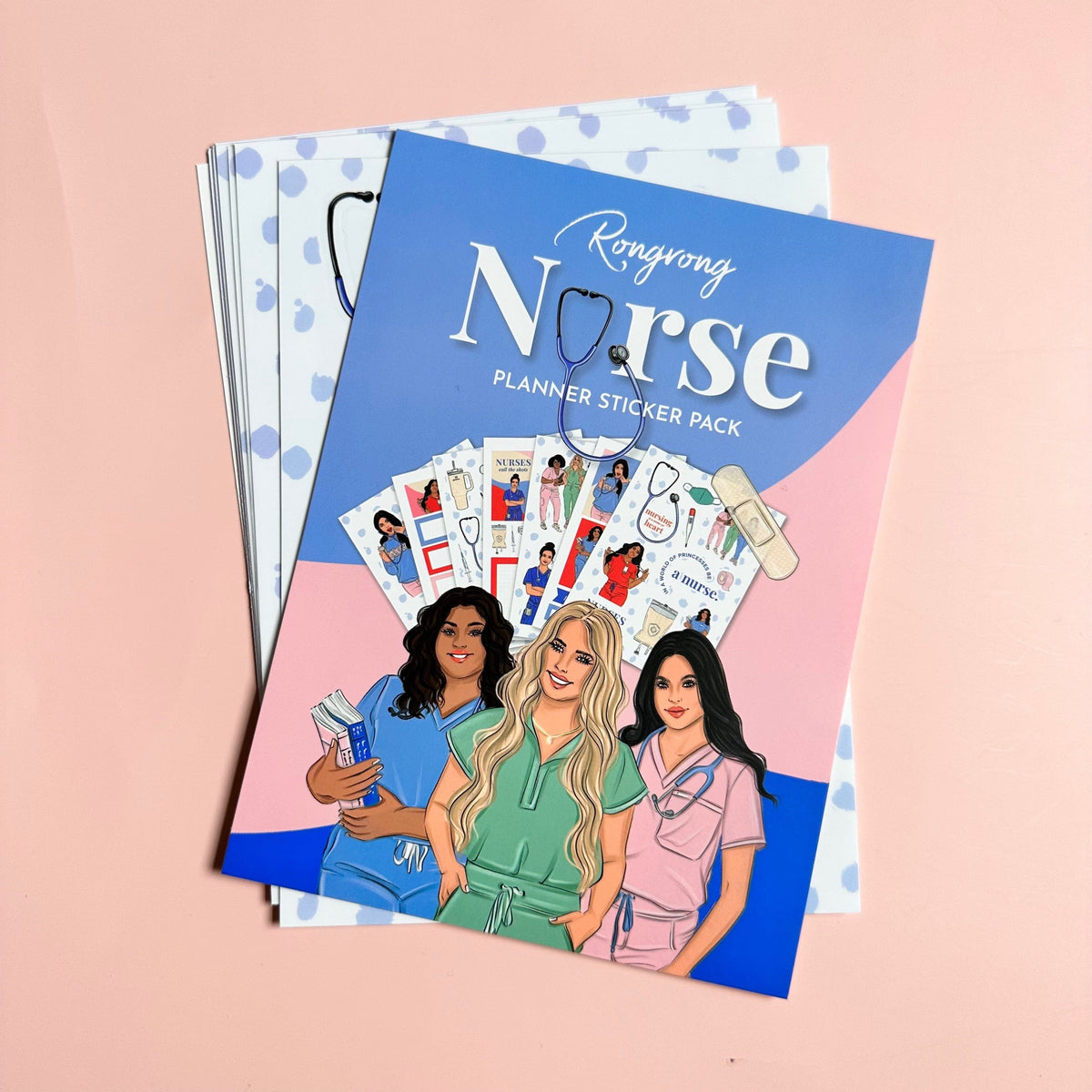 Decorative stickers with motivational quotes for nurses, styled in cheerful fonts with healthcare motifs.