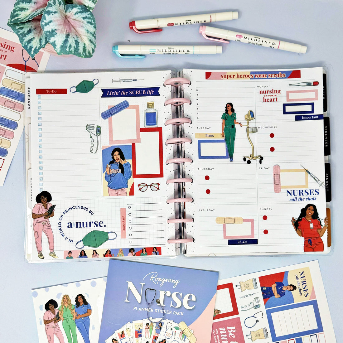 Stickers showcasing various nurse-related icons like band-aids, syringes, and clipboards in bright colors.