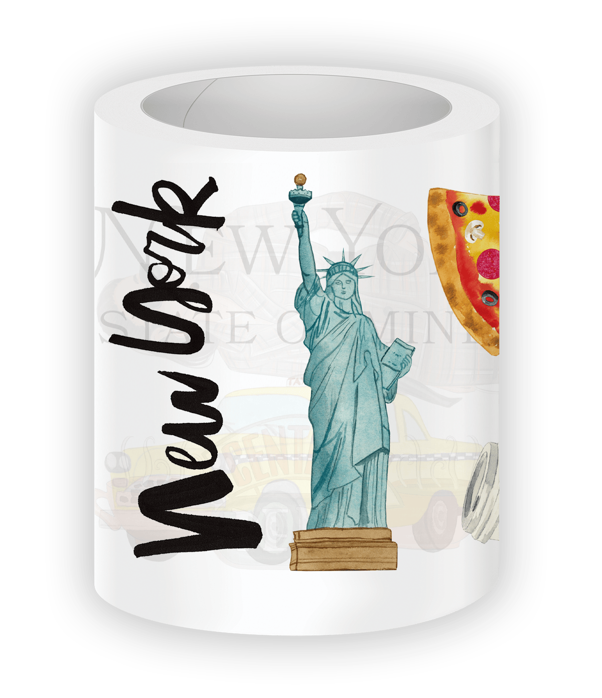 New York City themed mug with Statue of Liberty & pizza