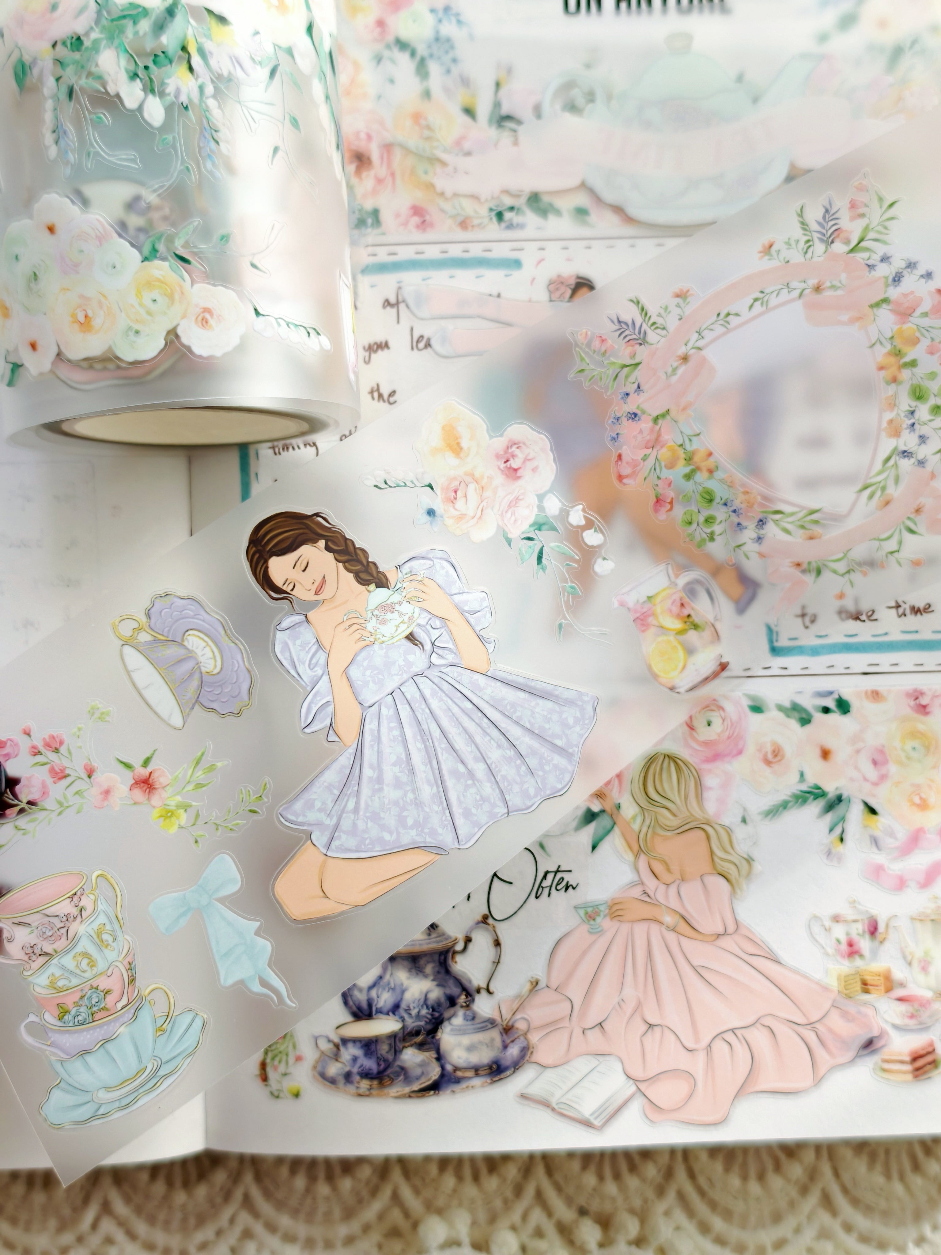 Tea party themed pre-cut PET tape with teacups and floral details