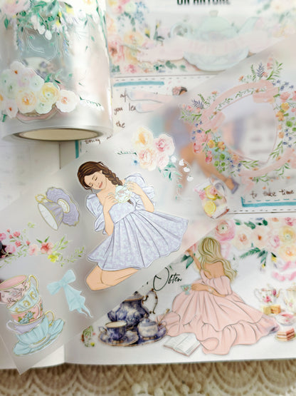 Tea party themed pre-cut PET tape with teacups and floral details