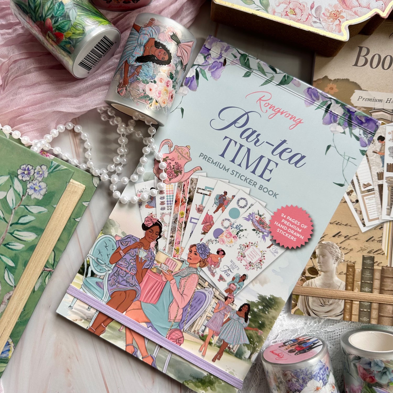 The stickers features playful tea party illustrations in soft pastel hues with gold detailing.