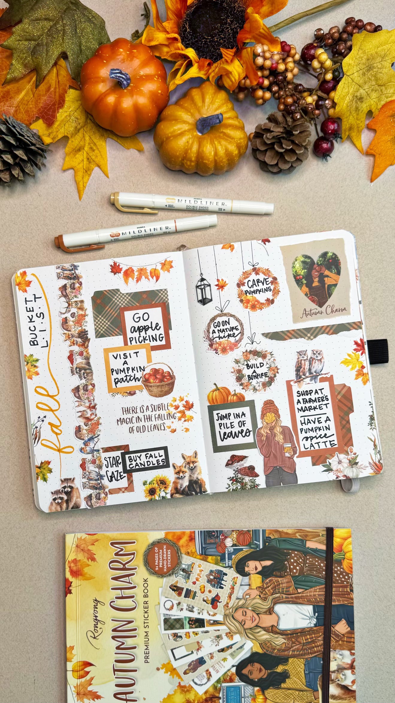 Stickers showcasing delightful fall icons like pumpkins, acorns, and apples in a rich palette of oranges, browns, and golds.