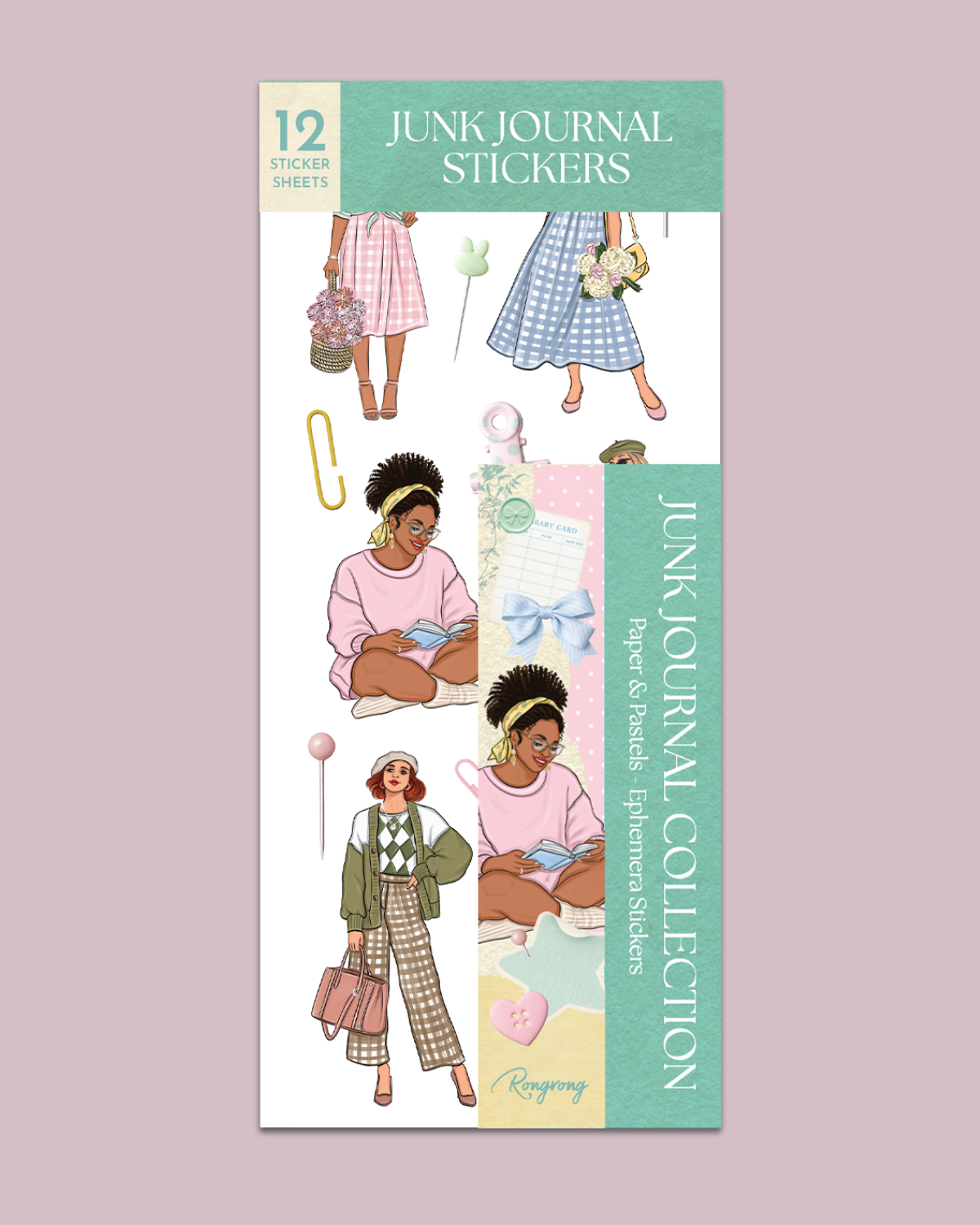 Paper &amp; Pastels Ephemera Sticker Sheet Set featuring cozy reader fashion illustrations, pastel scrapbook elements, bows, library cards, pins, gingham dresses, floral baskets, paper clips, and soft vintage-inspired journaling stickers in pink, mint, blue, and cream tones for planners, scrapbooks, and junk journals.
