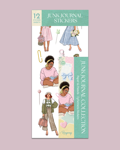 Paper &amp; Pastels Ephemera Sticker Sheet Set featuring cozy reader fashion illustrations, pastel scrapbook elements, bows, library cards, pins, gingham dresses, floral baskets, paper clips, and soft vintage-inspired journaling stickers in pink, mint, blue, and cream tones for planners, scrapbooks, and junk journals.