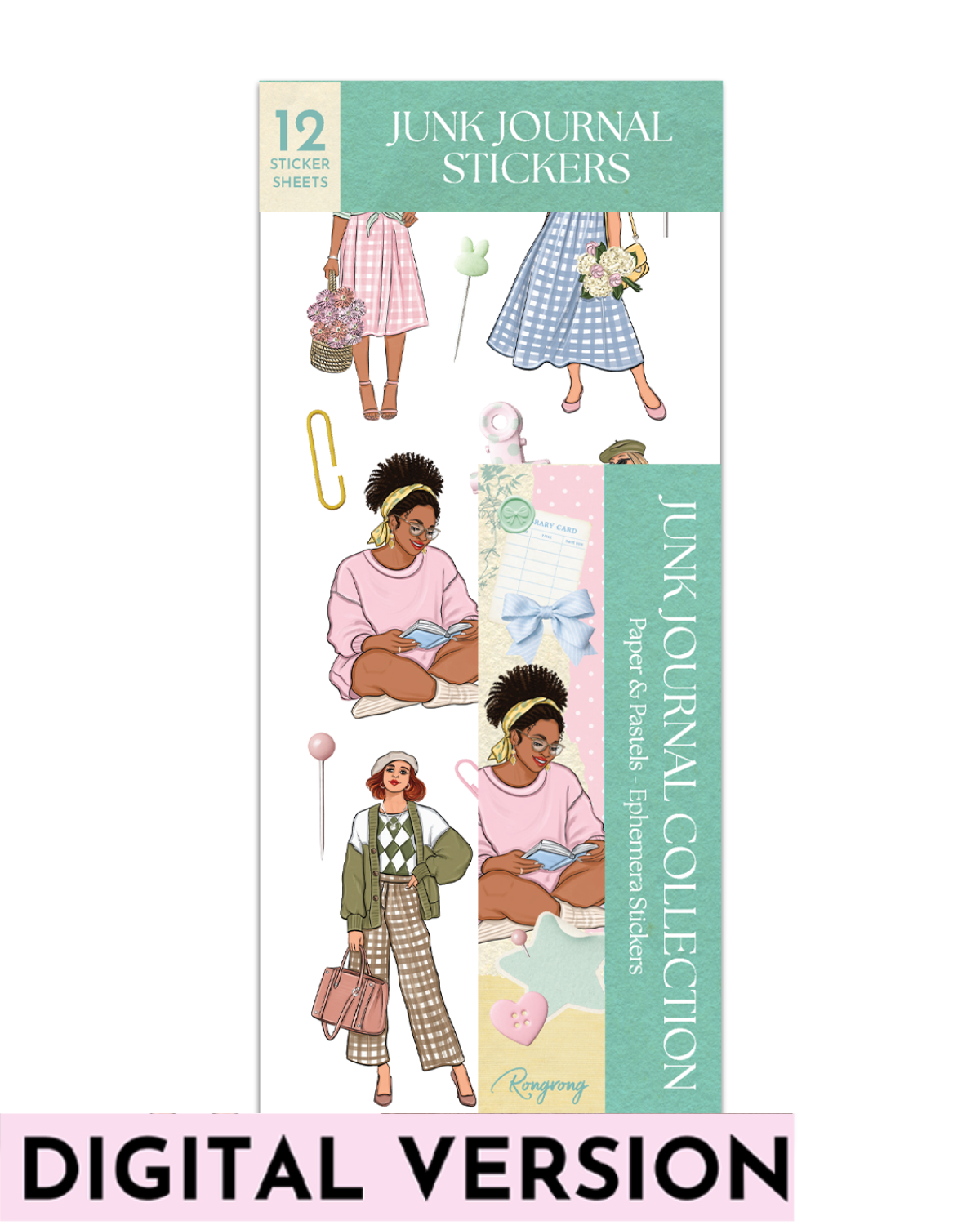 Paper &amp; Pastels Ephemera Sticker Sheet Set featuring cozy reader fashion illustrations, pastel scrapbook elements, bows, library cards, pins, gingham dresses, floral baskets, paper clips, and soft vintage-inspired journaling stickers in pink, mint, blue, and cream tones for planners, scrapbooks, and junk journals.
