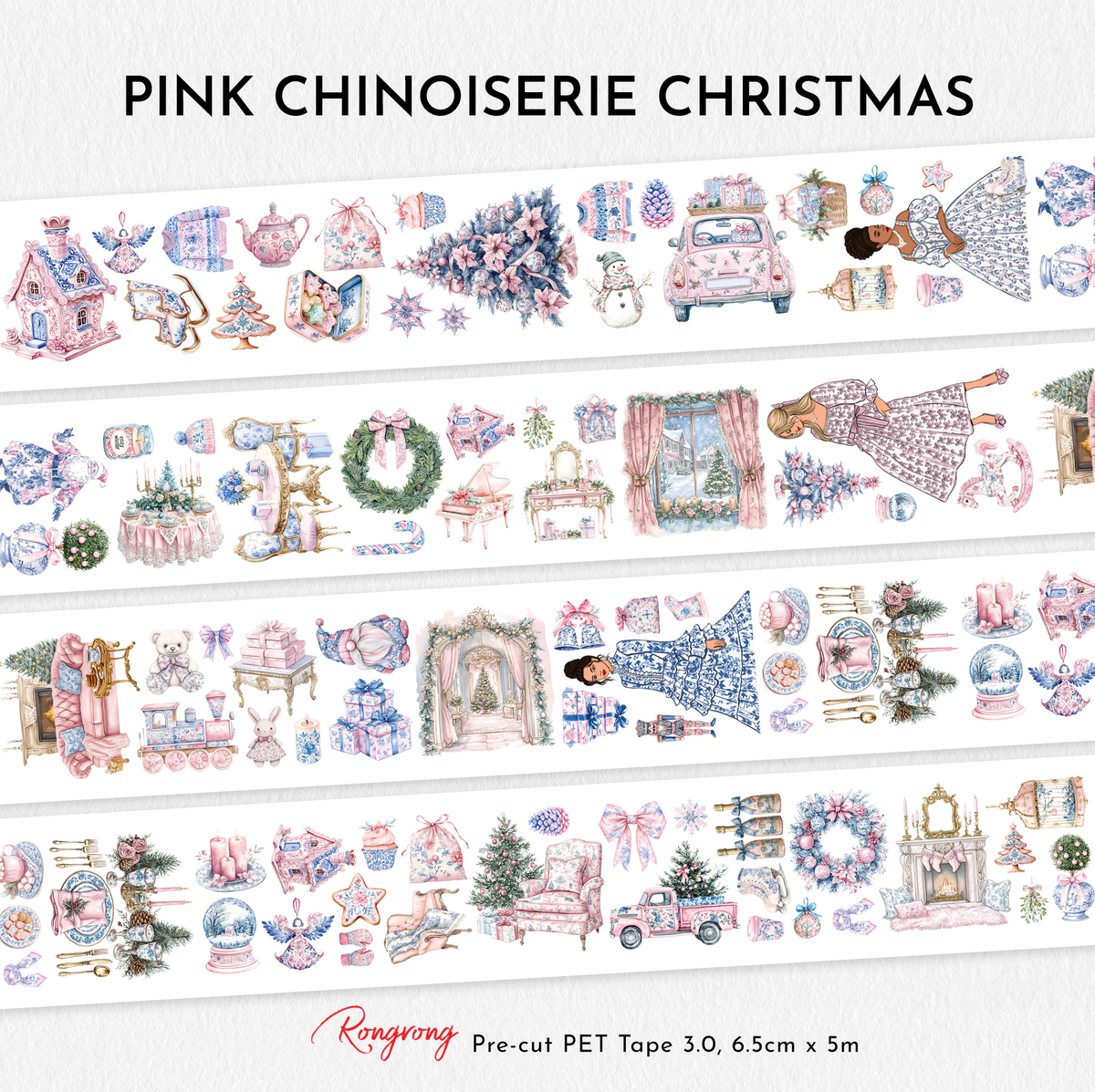 Pink Chinoiserie Christmas Pre-cut PET Tape [3.O]