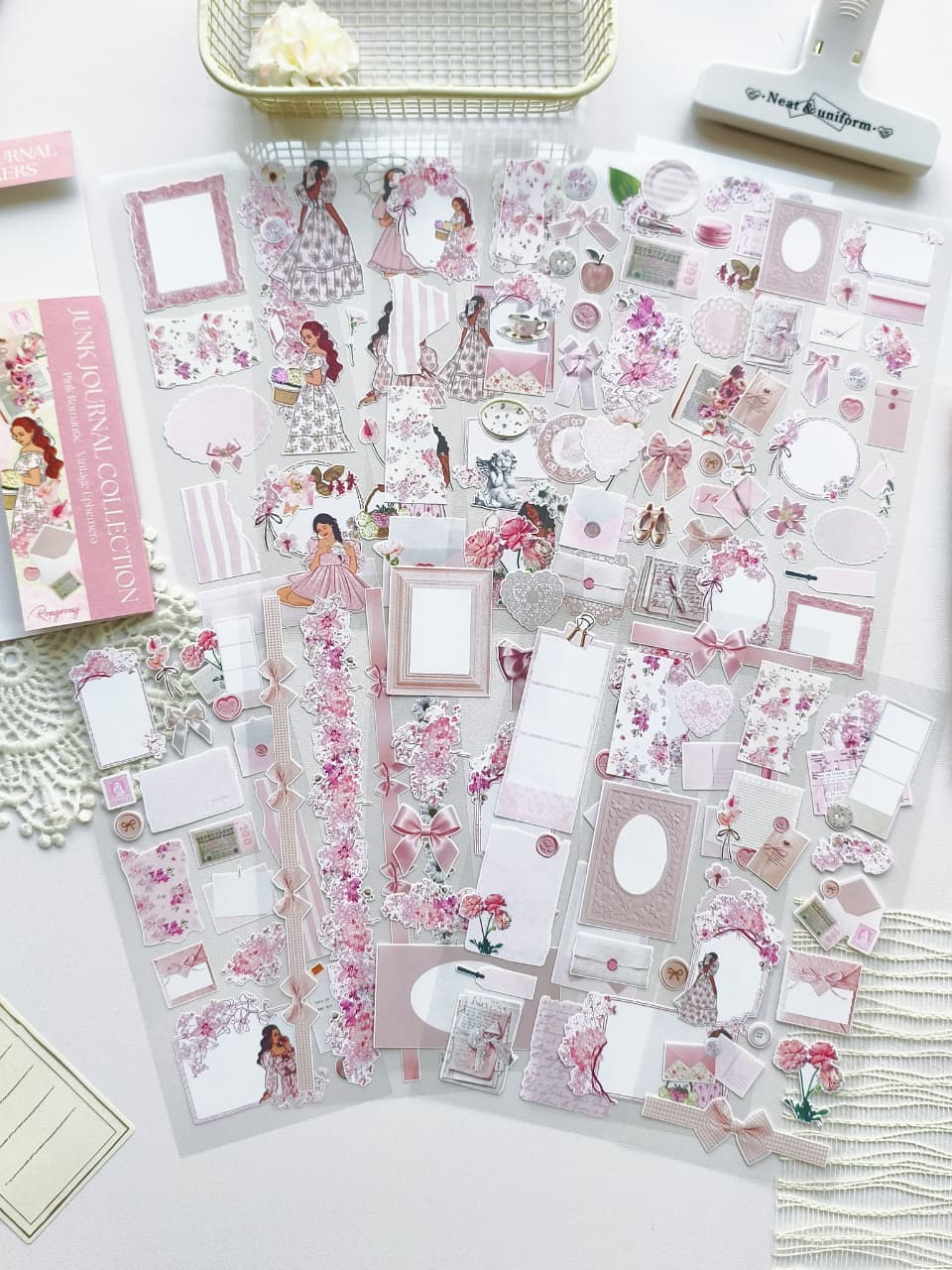 Full collection of pink vintage-inspired ephemera stickers featuring florals, bows, ornate frames, feminine illustrations, envelopes, and scrapbook elements.