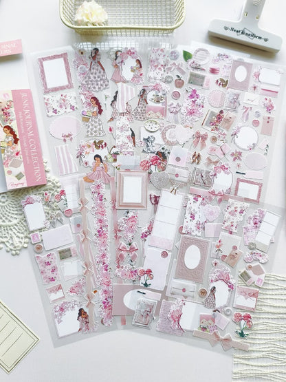 Full collection of pink vintage-inspired ephemera stickers featuring florals, bows, ornate frames, feminine illustrations, envelopes, and scrapbook elements.