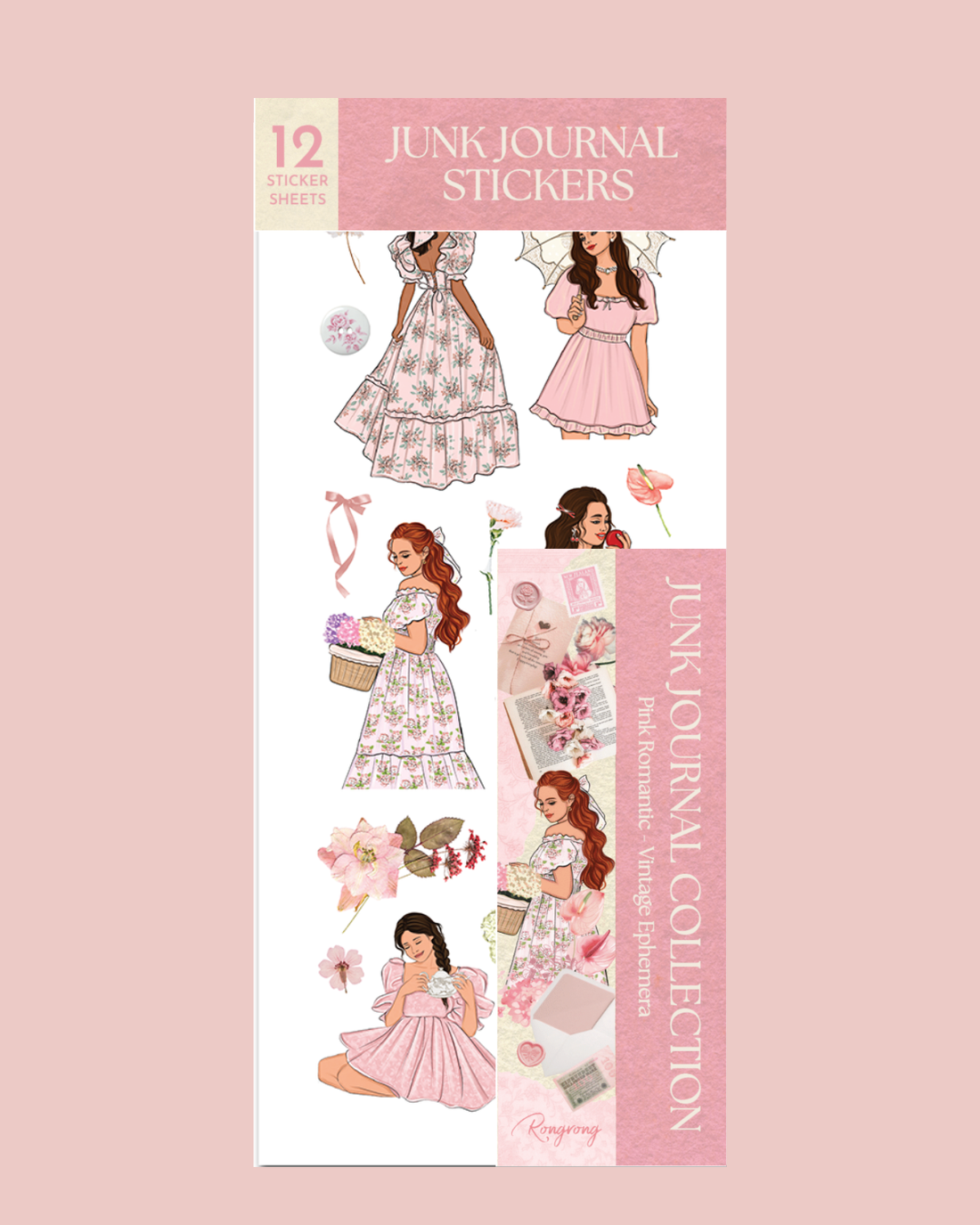 Pink Romantic Vintage Ephemera Sticker Sheet Set featuring feminine fashion illustrations in soft pink dresses, romantic floral elements, ribbons, vintage paper ephemera, roses, delicate blossoms, cottagecore-inspired details, and elegant pastel journaling stickers for planners, scrapbooks, and junk journals.