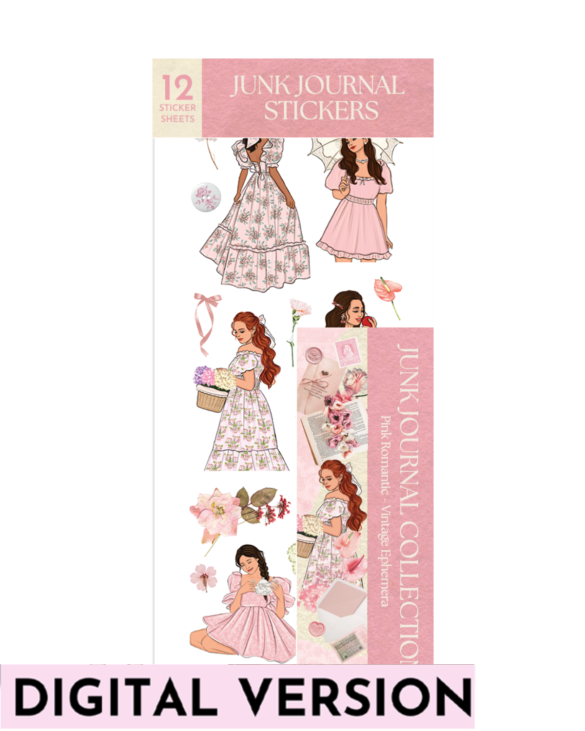 Pink Romantic Vintage Ephemera Sticker Sheet Set featuring feminine fashion illustrations in soft pink dresses, romantic floral elements, ribbons, vintage paper ephemera, roses, delicate blossoms, cottagecore-inspired details, and elegant pastel journaling stickers for planners, scrapbooks, and junk journals.