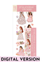 Pink Romantic Vintage Ephemera Sticker Sheet Set featuring feminine fashion illustrations in soft pink dresses, romantic floral elements, ribbons, vintage paper ephemera, roses, delicate blossoms, cottagecore-inspired details, and elegant pastel journaling stickers for planners, scrapbooks, and junk journals.