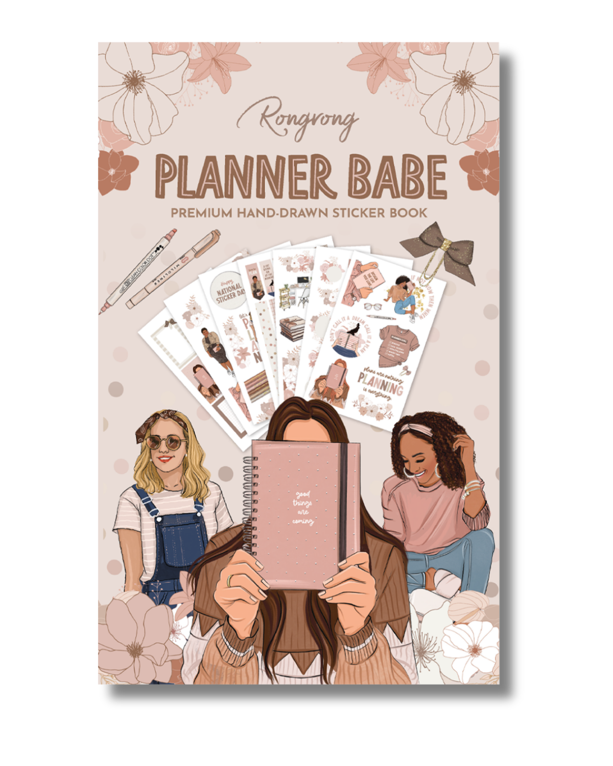 Planner Babe sticker book with illustrations of people and flowers on a beige background