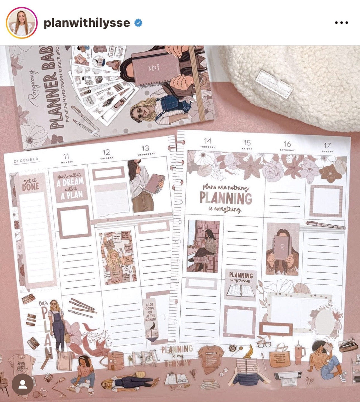 Planner stickers with illustrations and text on a pink surface