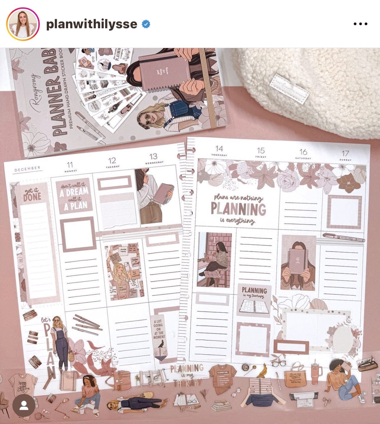 Planner stickers with illustrations and text on a pink surface